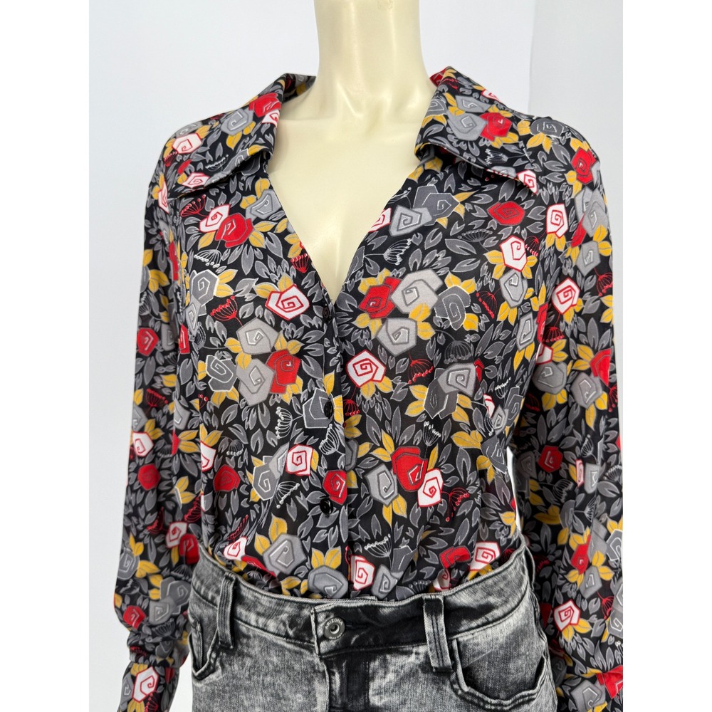 Vintage 1970s Disco Era Power Print Blouse Pointed Collar‎ Floral California
